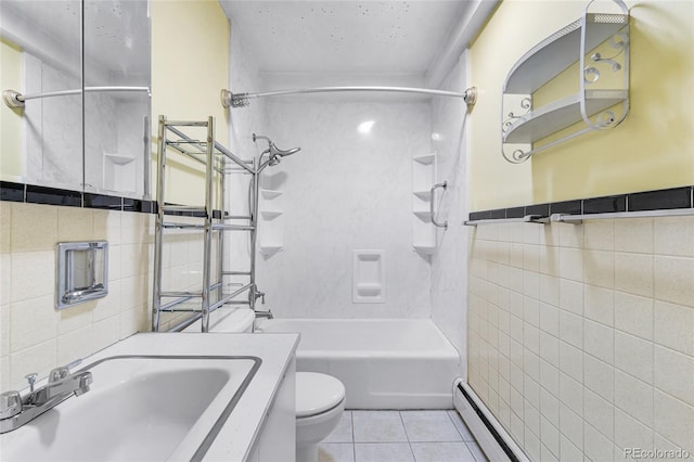 1280 Xanadu St, Aurora, CO 80011 - full bath featuring tile walls, tile patterned floors, shower / bathtub combination, and vanity