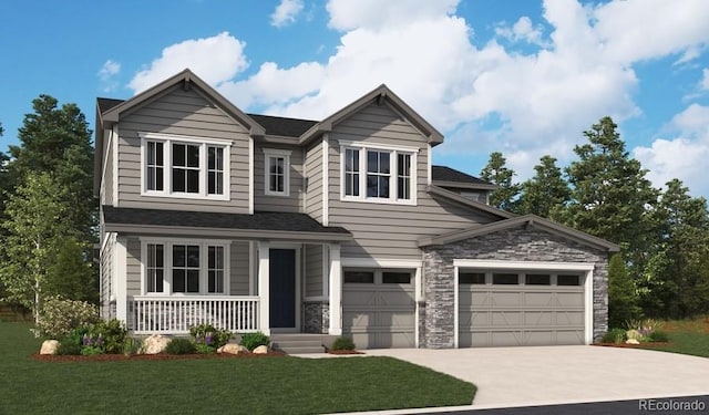 view of front of property featuring stone siding, a front lawn, a porch, and driveway