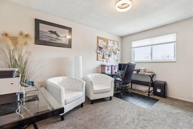 carpeted office space featuring a textured ceiling