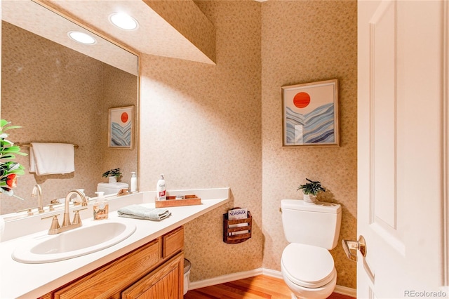 bathroom featuring vanity, toilet, and hardwood / wood-style floors