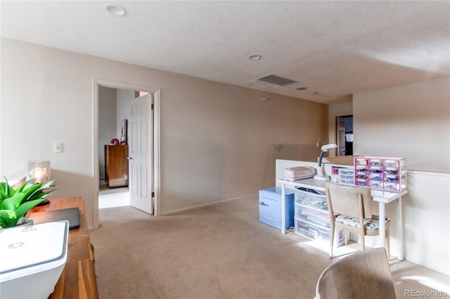 interior space with light colored carpet and a textured ceiling