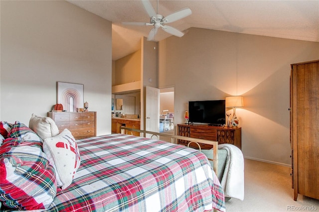 bedroom with high vaulted ceiling, ceiling fan, and carpet