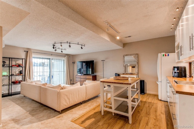 living room featuring rail lighting, light hardwood / wood-style flooring, and a textured ceiling