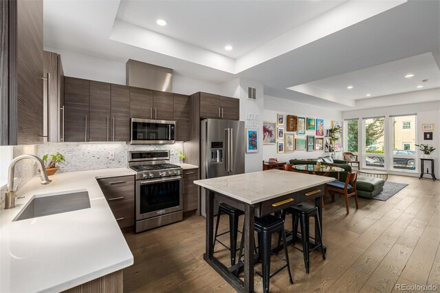 2824 W Parkside Pl, Denver, CO 80221 - kitchen featuring stainless steel appliances, a tray ceiling, light countertops, a sink, and dark brown cabinetry