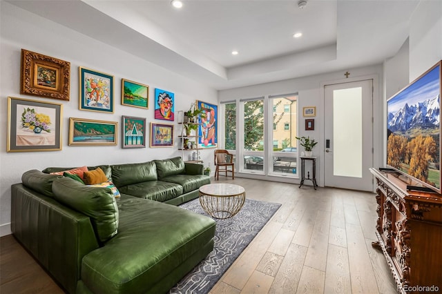 2824 W Parkside Pl, Denver, CO 80221 - living area featuring wood-type flooring, a raised ceiling, and recessed lighting