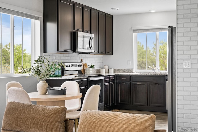 18645 E 54th Pl, Denver, CO 80249 - kitchen with appliances with stainless steel finishes, wood finished floors, light stone countertops, tasteful backsplash, and a sink