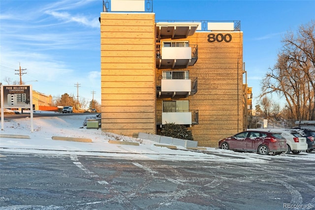 view of snow covered property