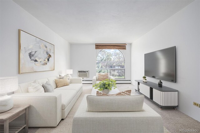 7801 W 35th Ave Unit 406, Wheat Ridge, CO 80033 - living room with a wall mounted air conditioner, carpet flooring, baseboard heating, and a baseboard heating unit