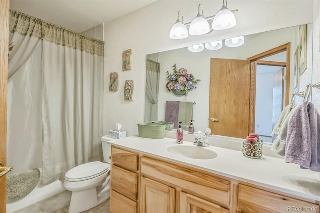 full bath featuring tile patterned floors, toilet, shower / tub combo, and vanity