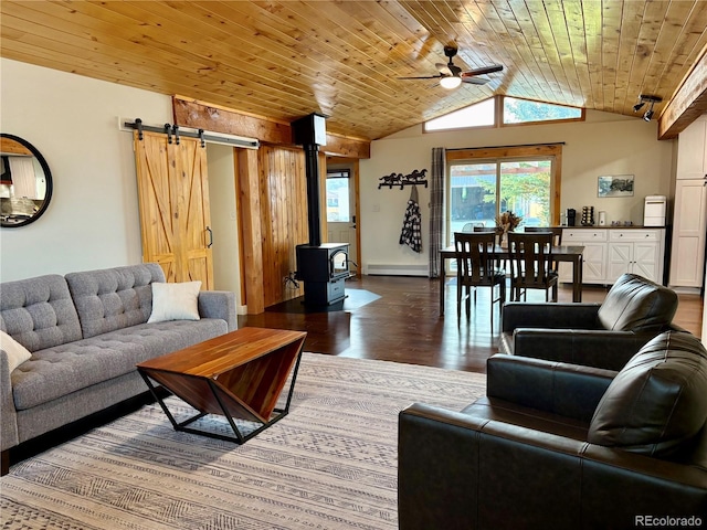 9081 Range Ln, Salida, CO 81201 - living room featuring ceiling fan, lofted ceiling, a baseboard heating unit, dark wood-style flooring, and wood ceiling