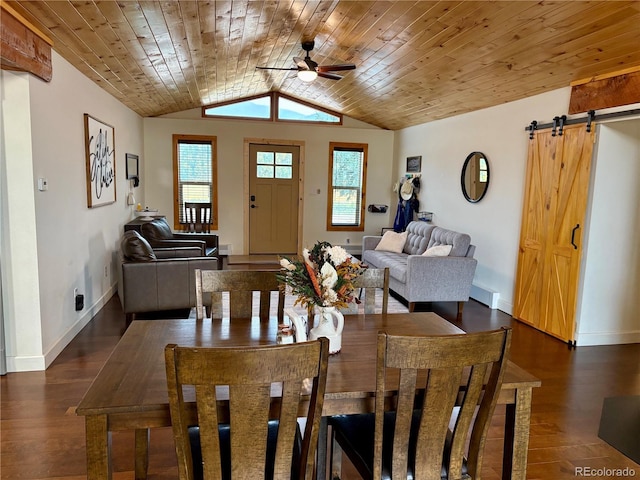 9081 Range Ln, Salida, CO 81201 - dining room featuring ceiling fan, a barn door, wood finished floors, vaulted ceiling, and wooden ceiling