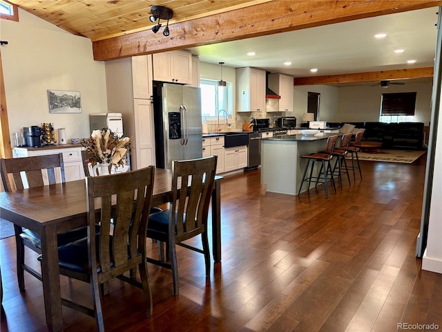 9081 Range Ln, Salida, CO 81201 - dining room featuring beam ceiling, dark wood-type flooring, recessed lighting, and a ceiling fan