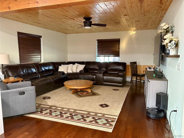 9081 Range Ln, Salida, CO 81201 - living area featuring a ceiling fan, dark wood finished floors, and wooden ceiling