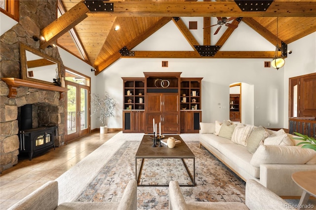 living room with beamed ceiling, high vaulted ceiling, and wooden ceiling