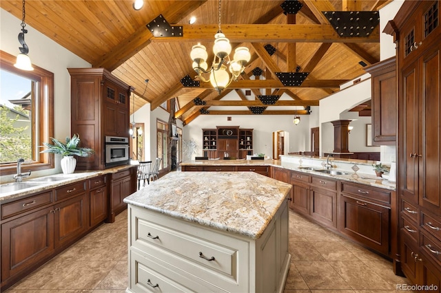 kitchen with stainless steel oven, a peninsula, wooden ceiling, and a sink