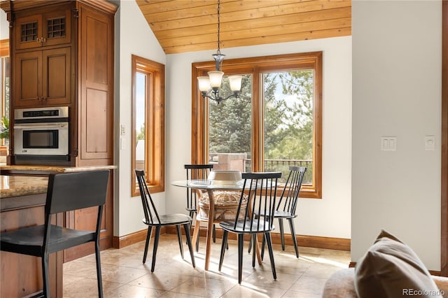 dining area with light tile patterned floors, a healthy amount of sunlight, wood ceiling, and lofted ceiling