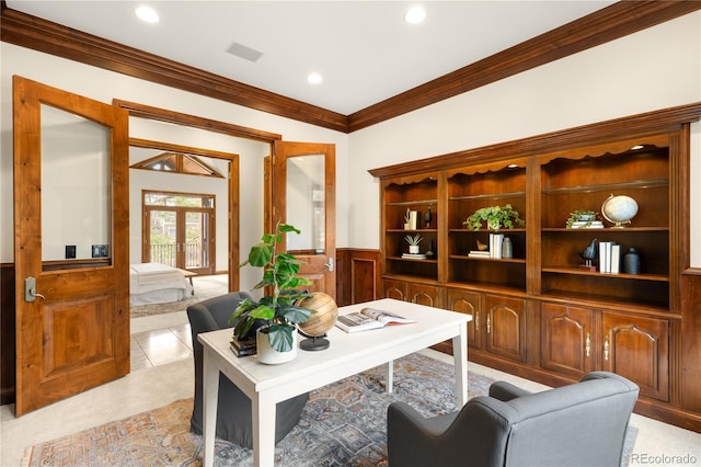 home office featuring visible vents, recessed lighting, ornamental molding, french doors, and wainscoting