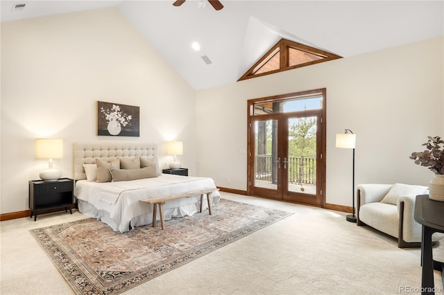 bedroom featuring visible vents, high vaulted ceiling, french doors, access to outside, and light colored carpet