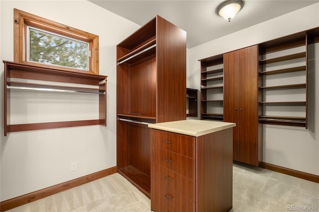 spacious closet featuring light carpet