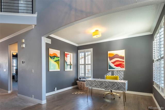 office space featuring dark wood-type flooring and ornamental molding