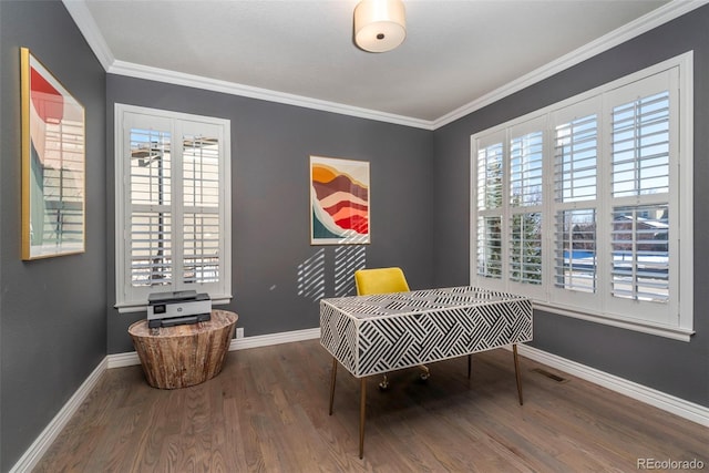 home office featuring ornamental molding and wood-type flooring