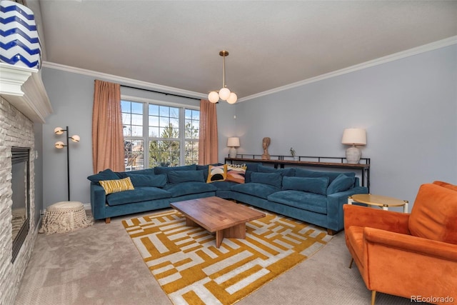 living room featuring light carpet, a fireplace, ornamental molding, and an inviting chandelier