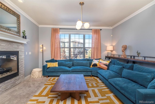 carpeted living room featuring ornamental molding and a stone fireplace