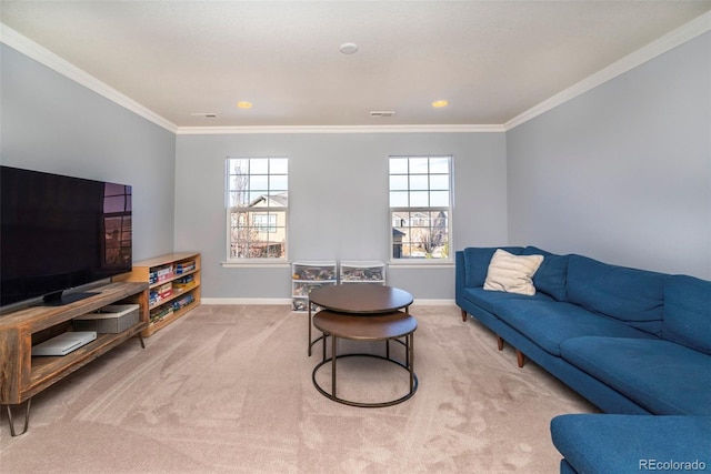 carpeted living room with crown molding