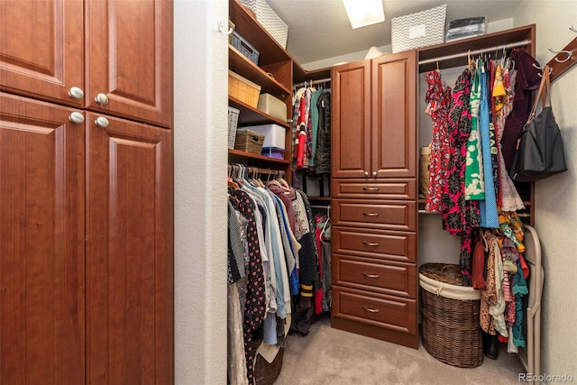 walk in closet with light colored carpet