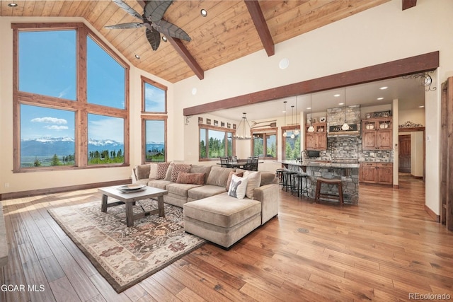 2621 Gcr 519, Tabernash, CO 80478 - living area featuring a wooden ceiling with exposed beams, a ceiling fan, high vaulted ceiling, and light wood-style flooring