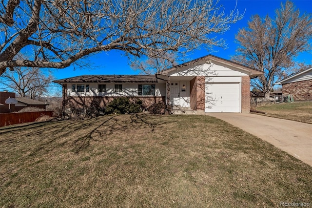 ranch-style house featuring a garage, concrete driveway, brick siding, and a front lawn