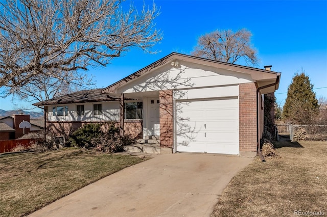 single story home featuring an attached garage, brick siding, fence, concrete driveway, and a front yard