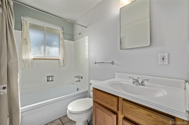 full bath featuring toilet, tile patterned floors, shower / bath combo, and vanity