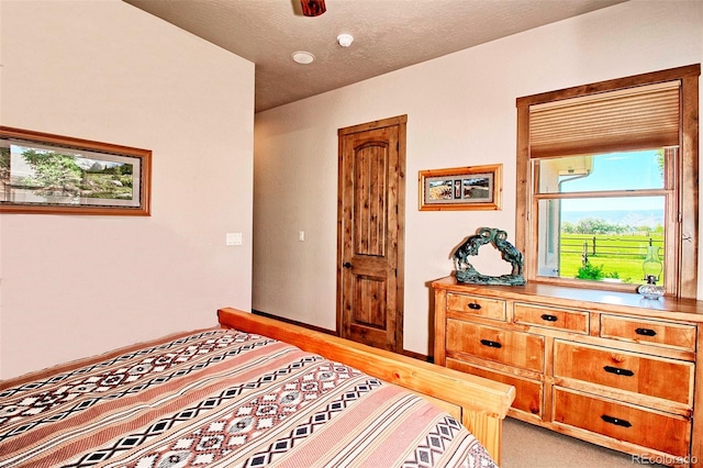 bedroom featuring baseboards, light colored carpet, and a textured ceiling