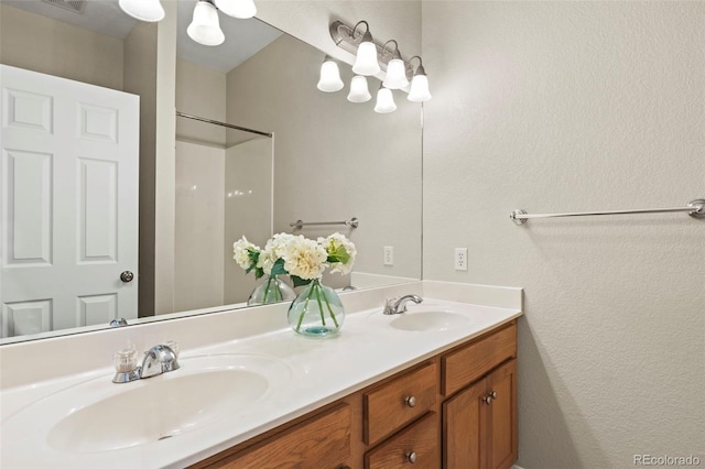 4109 Sunny Vista Hts, Colorado Springs, CO 80918 - bathroom with double vanity, a shower, and a textured wall