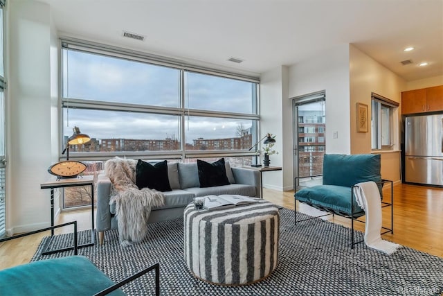 living room featuring a wall of windows and light hardwood / wood-style flooring