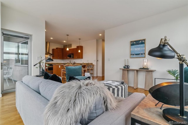 living room featuring light hardwood / wood-style flooring and sink