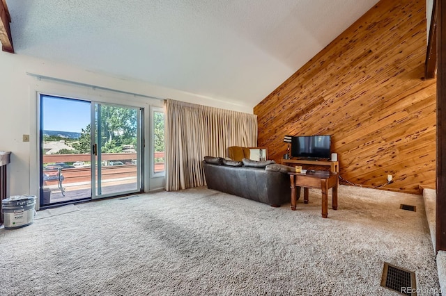 4484 Juniper Ct, Larkspur, CO 80118 - living room with carpet flooring, wooden walls, a textured ceiling, and lofted ceiling