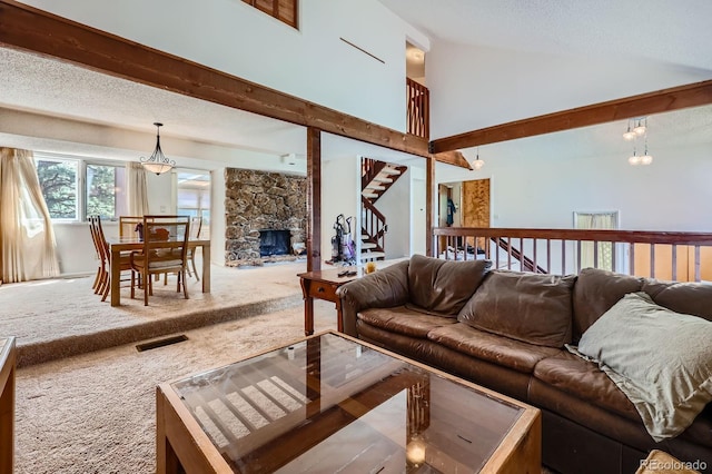 4484 Juniper Ct, Larkspur, CO 80118 - living room featuring carpet flooring, high vaulted ceiling, and a textured ceiling