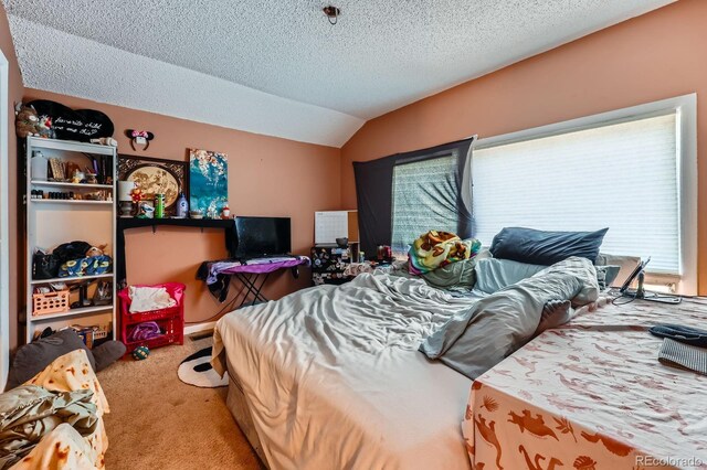 4484 Juniper Ct, Larkspur, CO 80118 - carpeted bedroom with lofted ceiling and a textured ceiling