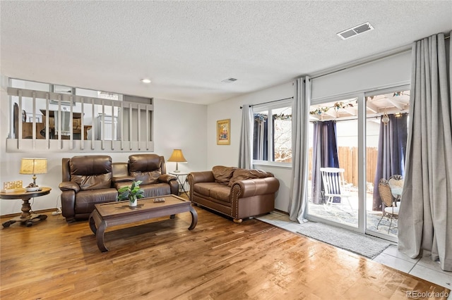 living room featuring wood-type flooring and a textured ceiling