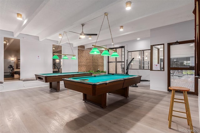 game room with lofted ceiling with beams, hardwood / wood-style flooring, billiards, and ceiling fan