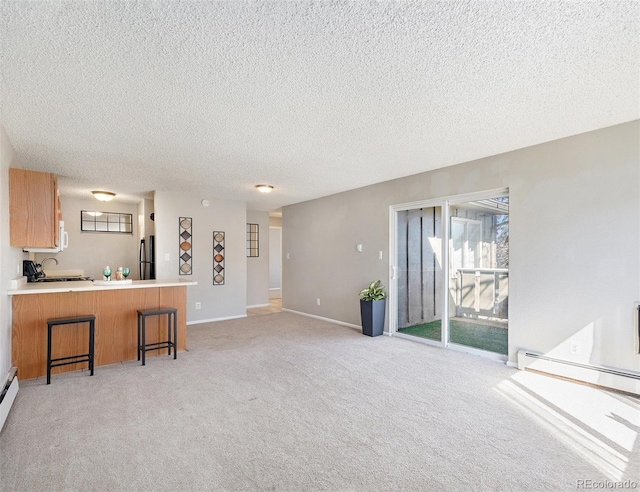 unfurnished living room featuring a textured ceiling, a baseboard heating unit, a wealth of natural light, and light colored carpet