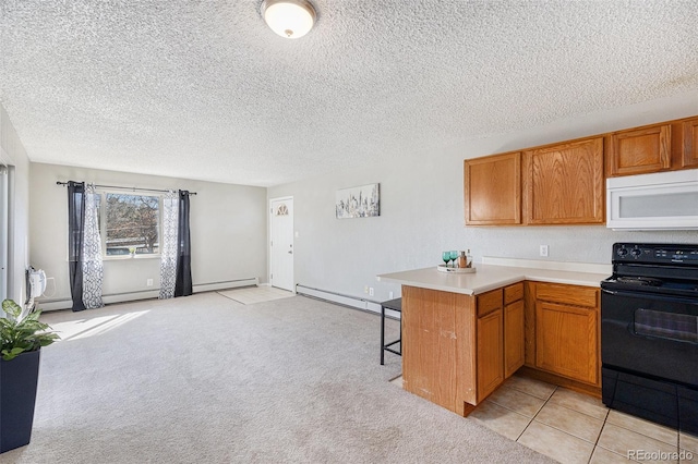 kitchen with light colored carpet, white microwave, black electric range oven, light countertops, and baseboard heating