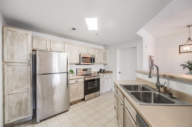 kitchen with light floors, light countertops, visible vents, appliances with stainless steel finishes, and a sink