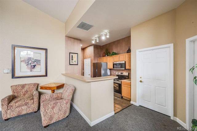 kitchen with dark carpet, baseboards, visible vents, and stainless steel appliances