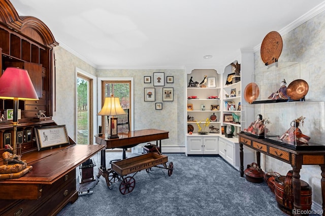 689 Red Deer Rd, Franktown, CO 80116 - office with dark carpet, a baseboard radiator, crown molding, wallpapered walls, and baseboards