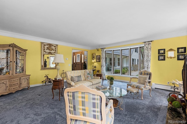 689 Red Deer Rd, Franktown, CO 80116 - carpeted living area featuring a baseboard radiator, crown molding, and baseboards