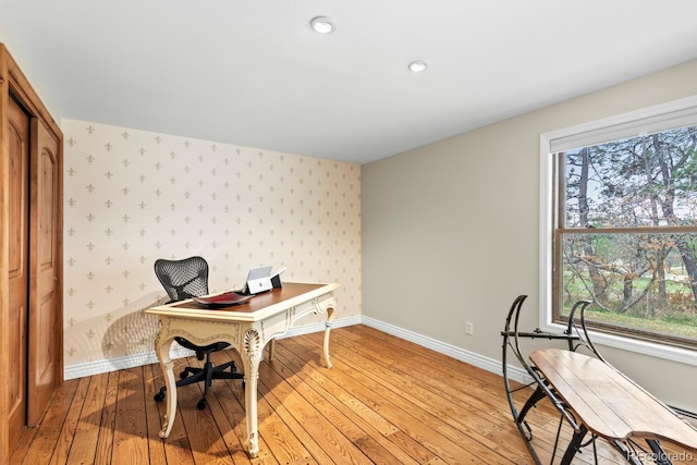 689 Red Deer Rd, Franktown, CO 80116 - office space with wallpapered walls, baseboards, light wood-style flooring, and recessed lighting