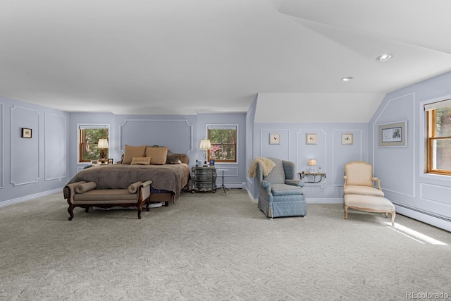 689 Red Deer Rd, Franktown, CO 80116 - carpeted bedroom with multiple windows, a decorative wall, lofted ceiling, recessed lighting, and a baseboard radiator
